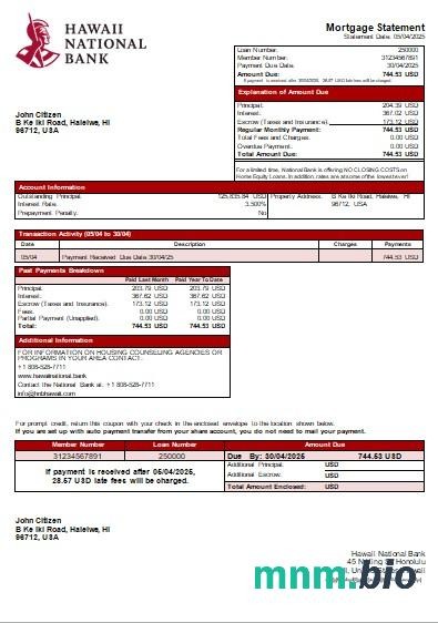 Hawaje Hawaii National Bank wyciąg z kredytu hipotecznego szablon Word i PDF